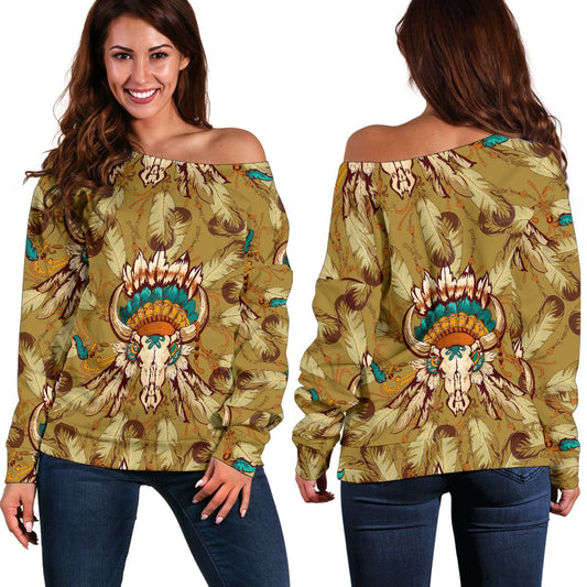 Native Indian Buffalo Head Off Shoulder Sweatshirt