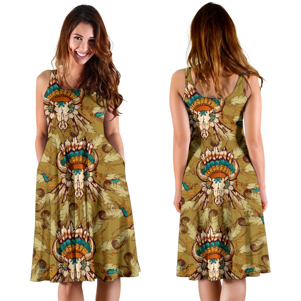 Native Indian Buffalo Head Sleeveless Mini Dress