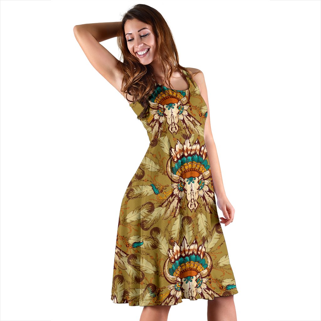 Native Indian Buffalo Head Sleeveless Mini Dress