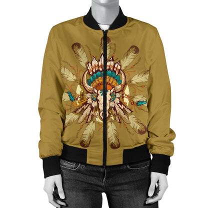 Native Indian Buffalo Head Women Casual Bomber Jacket