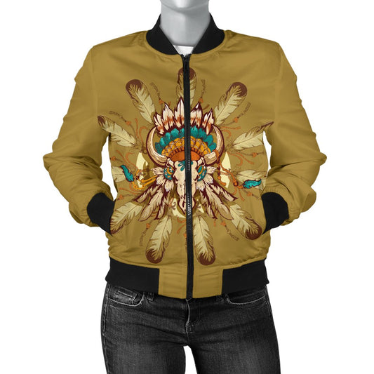 Native Indian Buffalo Head Women Casual Bomber Jacket