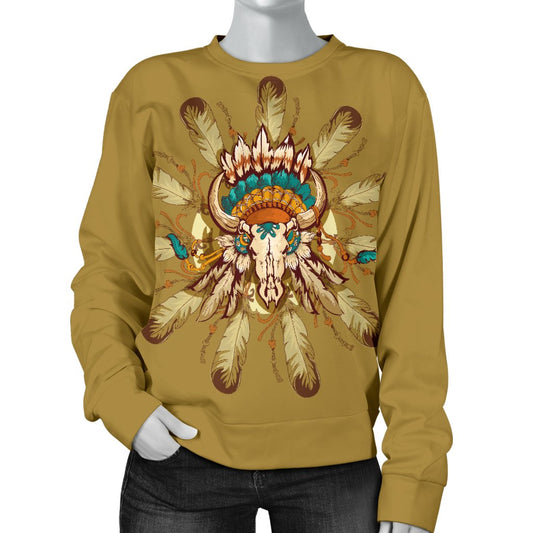 Native Indian Buffalo Head Women Crewneck Sweatshirt