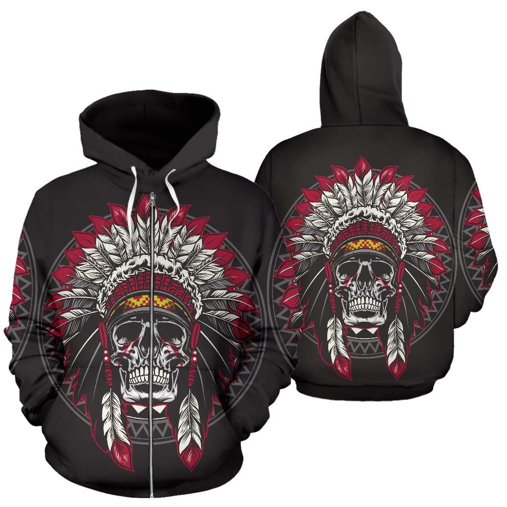 Native Indian Skull All Over Zip Up Hoodie