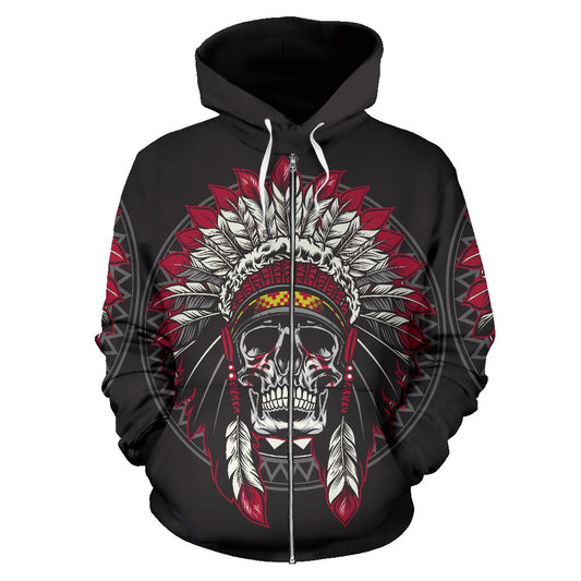 Native Indian Skull All Over Zip Up Hoodie