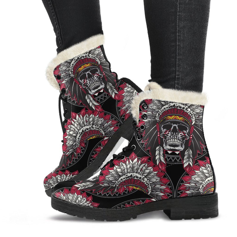 Native Indian Skull Faux Fur Leather Boots