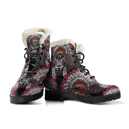 Native Indian Skull Faux Fur Leather Boots