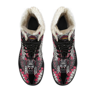 Native Indian Skull Faux Fur Leather Boots