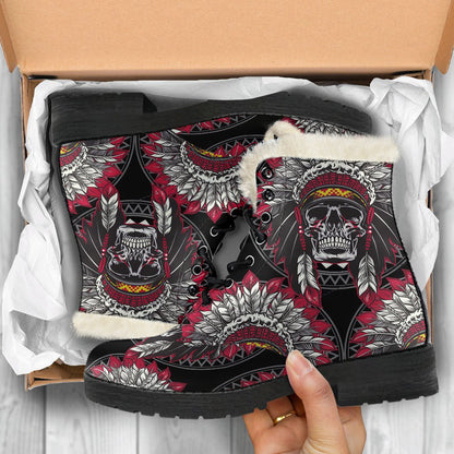 Native Indian Skull Faux Fur Leather Boots