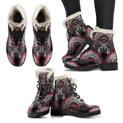 Native Indian Skull Faux Fur Leather Boots