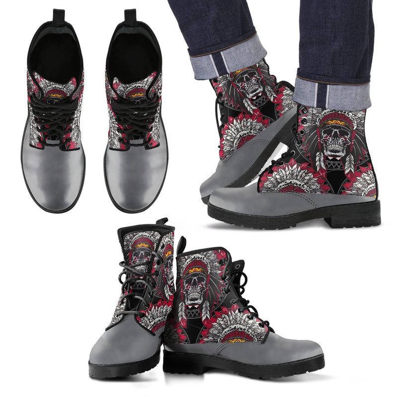 Native Indian Skull Men Leather Boots