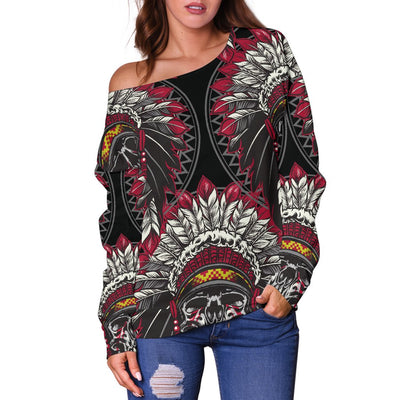 Native Indian Skull Off Shoulder Sweatshirt