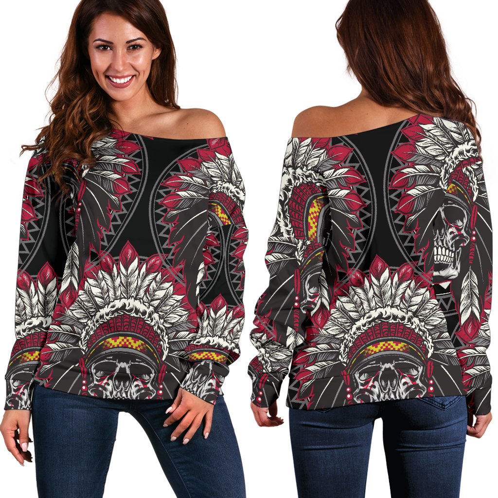 Native Indian Skull Off Shoulder Sweatshirt