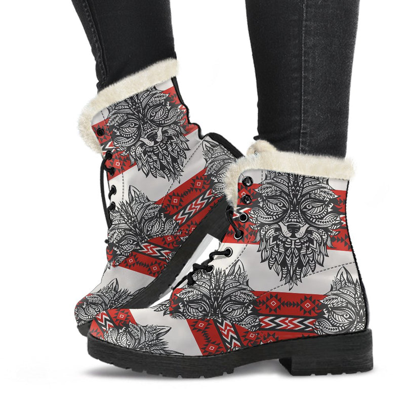 Native Indian Wolf Faux Fur Leather Boots