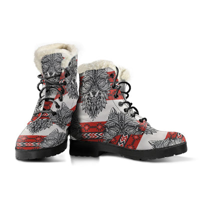 Native Indian Wolf Faux Fur Leather Boots