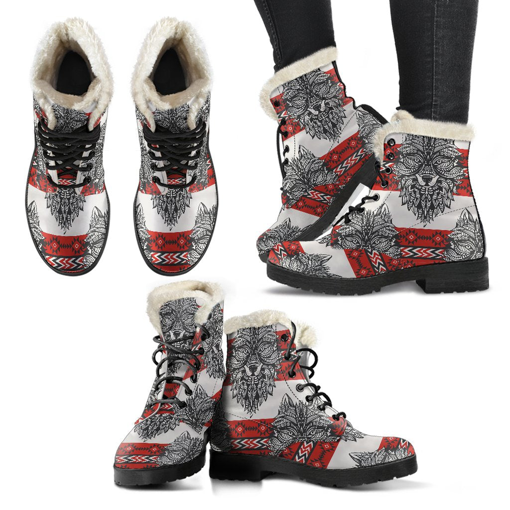 Native Indian Wolf Faux Fur Leather Boots