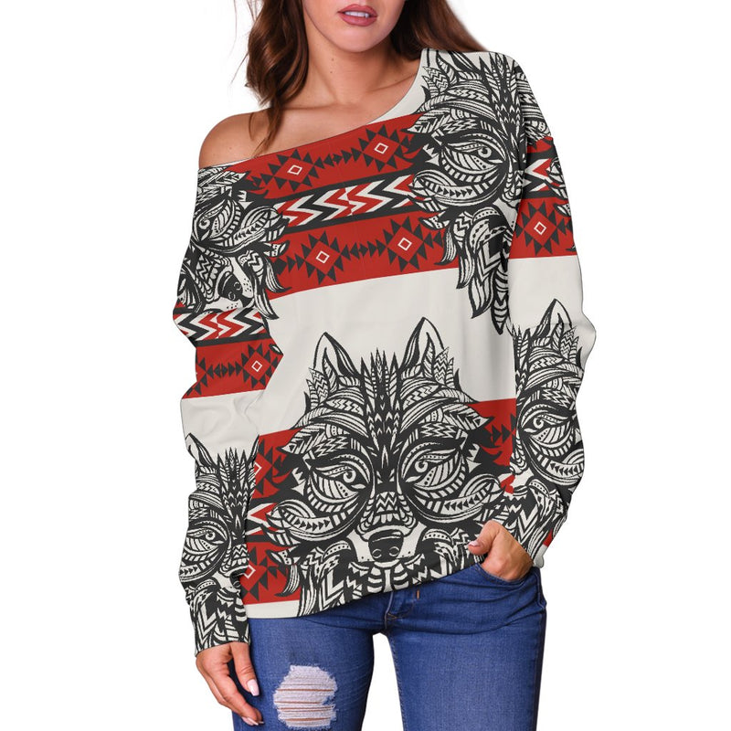 Native Indian Wolf Off Shoulder Sweatshirt