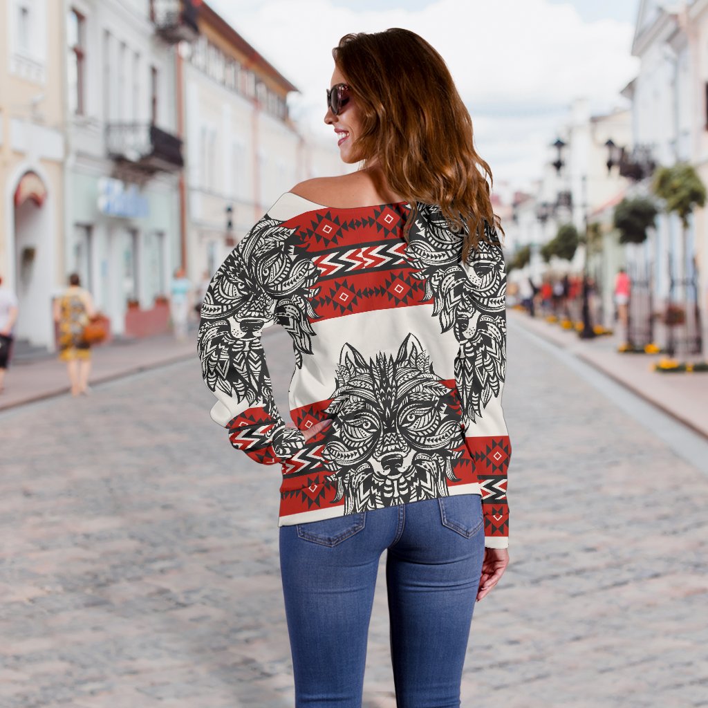 Native Indian Wolf Off Shoulder Sweatshirt