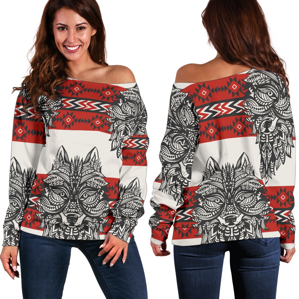 Native Indian Wolf Off Shoulder Sweatshirt