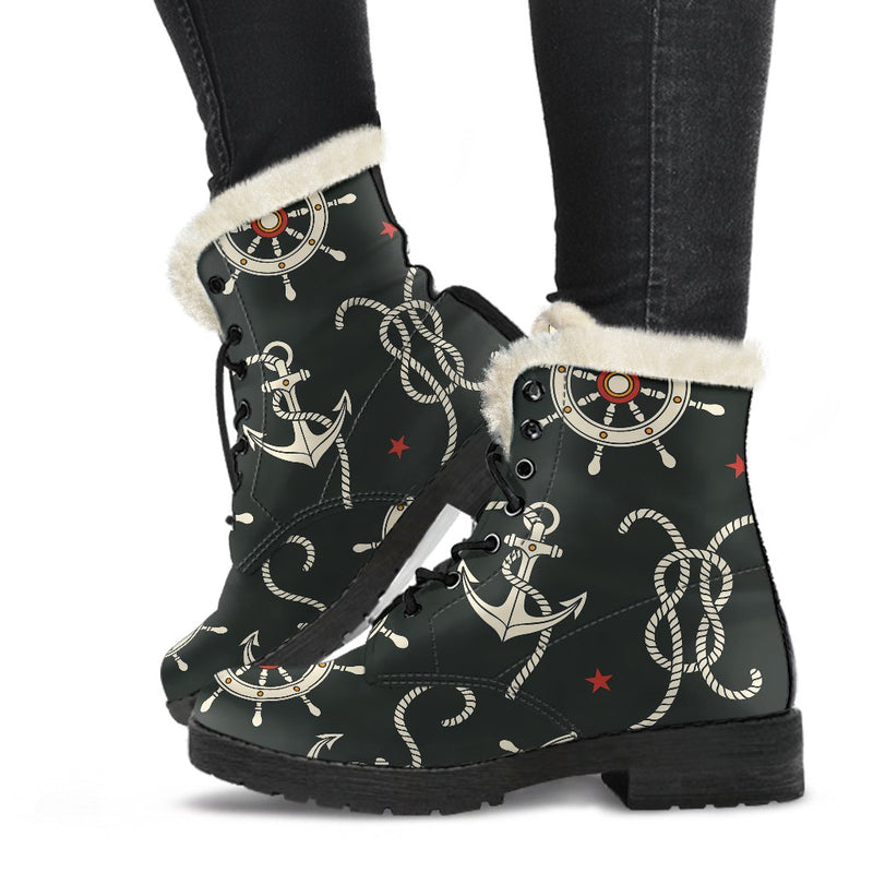 Nautical Anchor Pattern Faux Fur Leather Boots