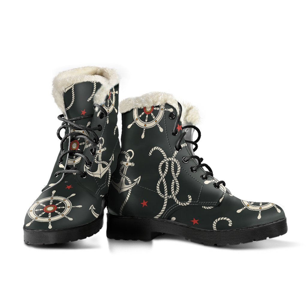 Nautical Anchor Pattern Faux Fur Leather Boots