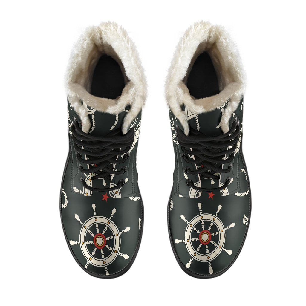 Nautical Anchor Pattern Faux Fur Leather Boots