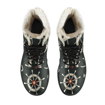 Nautical Anchor Pattern Faux Fur Leather Boots