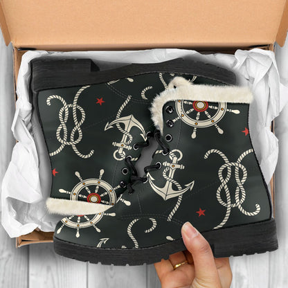 Nautical Anchor Pattern Faux Fur Leather Boots