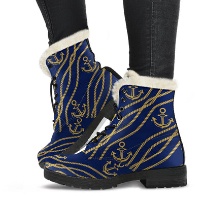 Nautical Anchor Rope Pattern Faux Fur Leather Boots