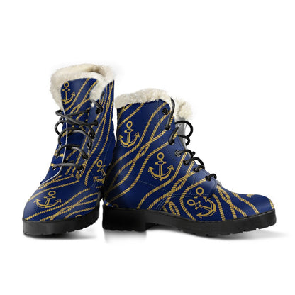 Nautical Anchor Rope Pattern Faux Fur Leather Boots