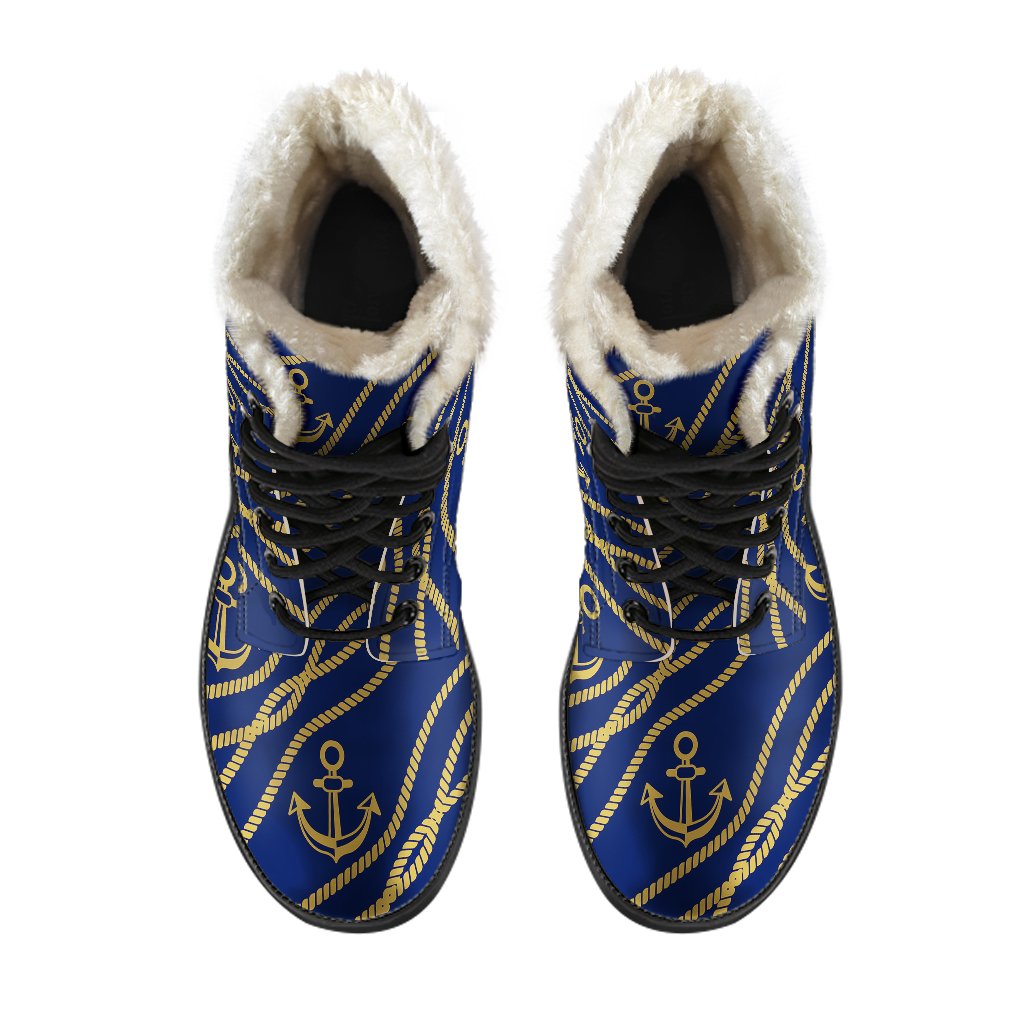 Nautical Anchor Rope Pattern Faux Fur Leather Boots