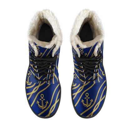 Nautical Anchor Rope Pattern Faux Fur Leather Boots