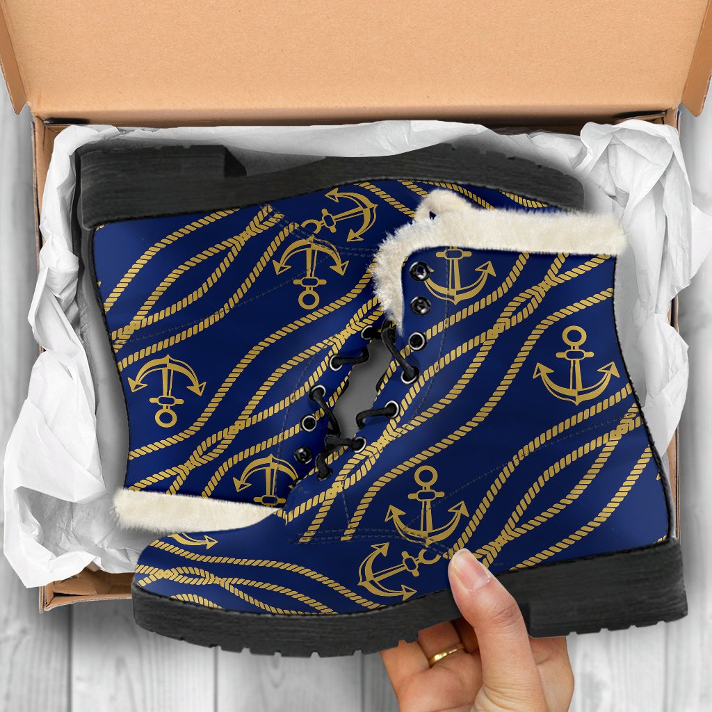 Nautical Anchor Rope Pattern Faux Fur Leather Boots