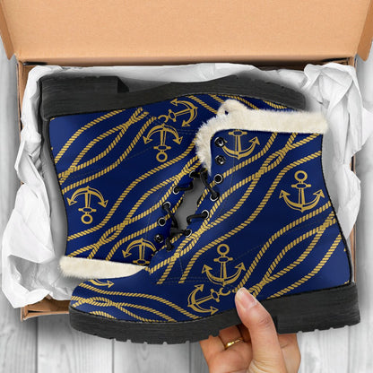Nautical Anchor Rope Pattern Faux Fur Leather Boots