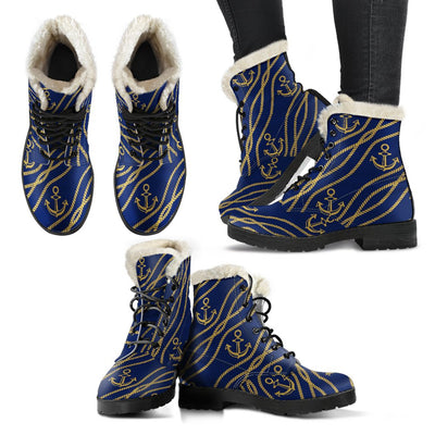 Nautical Anchor Rope Pattern Faux Fur Leather Boots