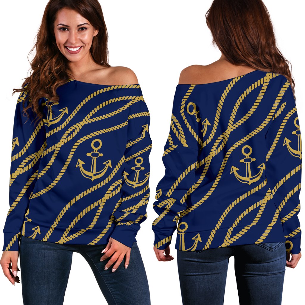 Nautical Anchor Rope Pattern Off Shoulder Sweatshirt