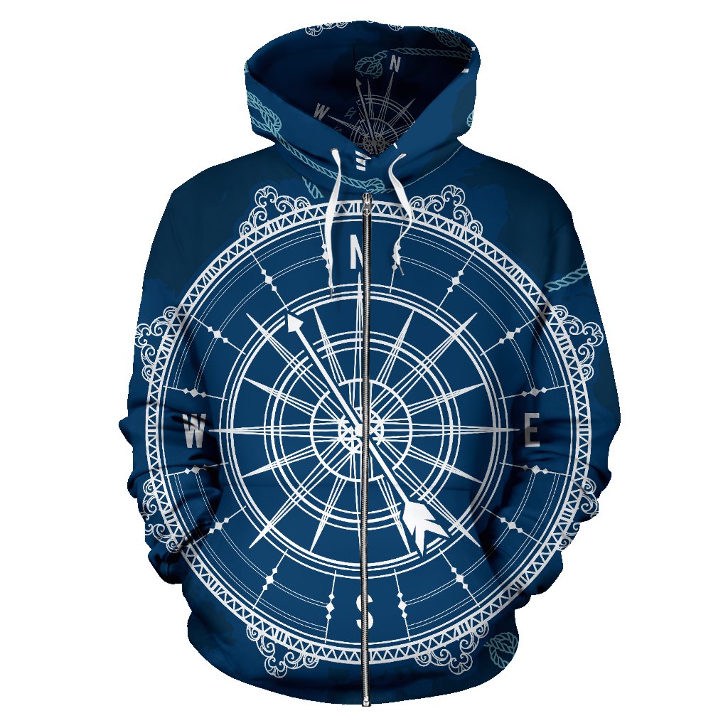 Nautical Compass Print All Over Zip Up Hoodie