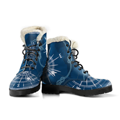 Nautical Compass Print Faux Fur Leather Boots