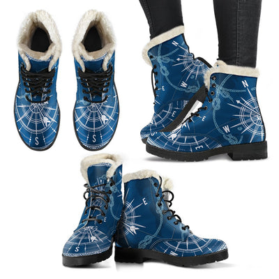 Nautical Compass Print Faux Fur Leather Boots