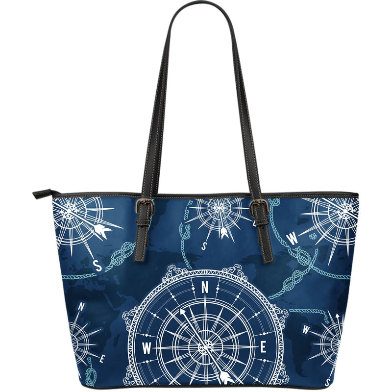 Nautical Compass Print Large Leather Tote Bag