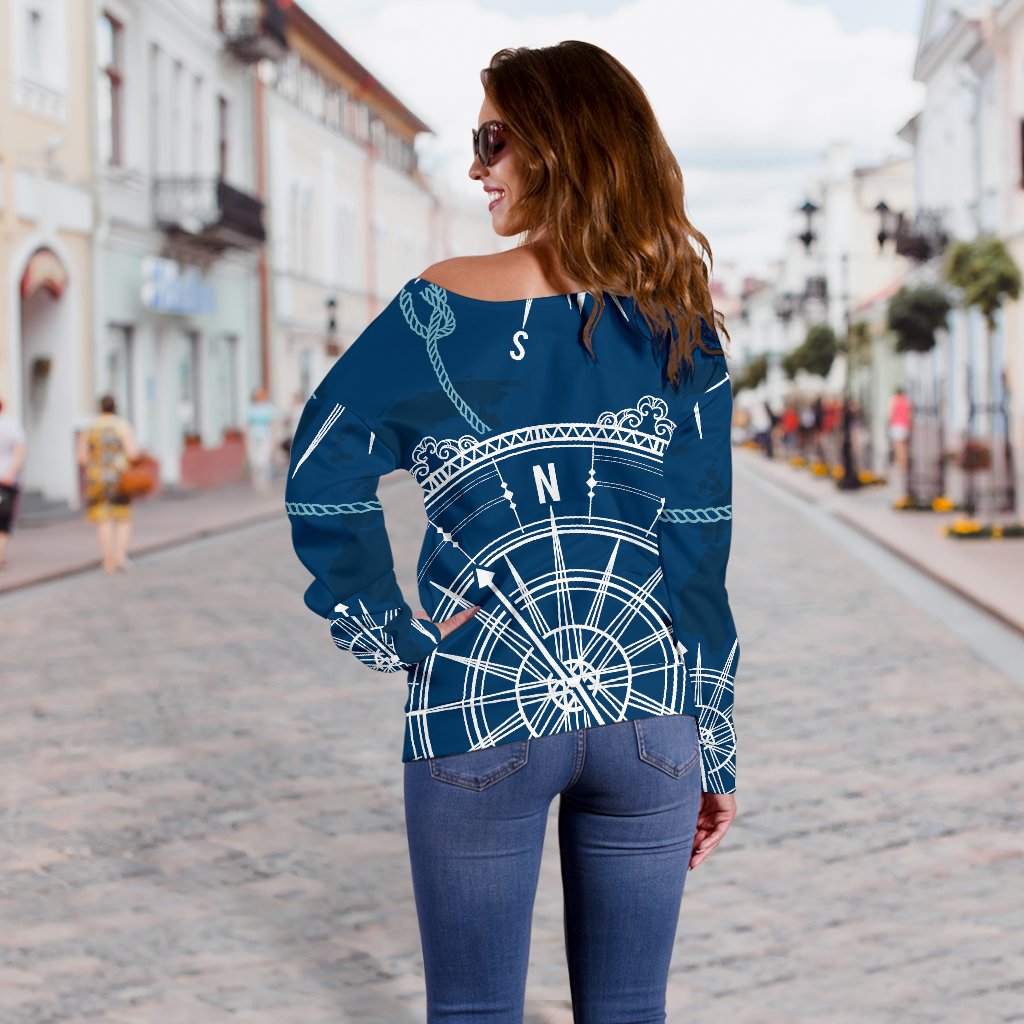 Nautical Compass Print Off Shoulder Sweatshirt