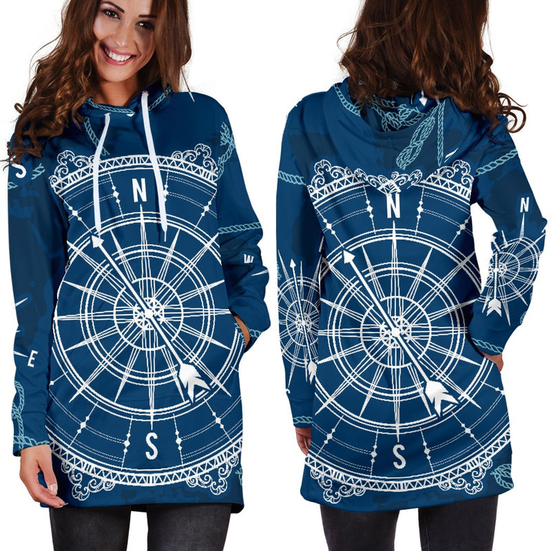 Nautical Compass Print Women Hoodie Dress