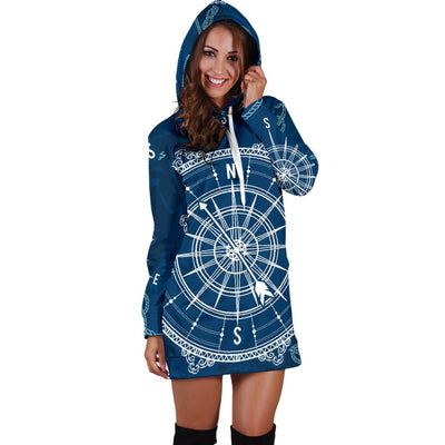 Nautical Compass Print Women Hoodie Dress