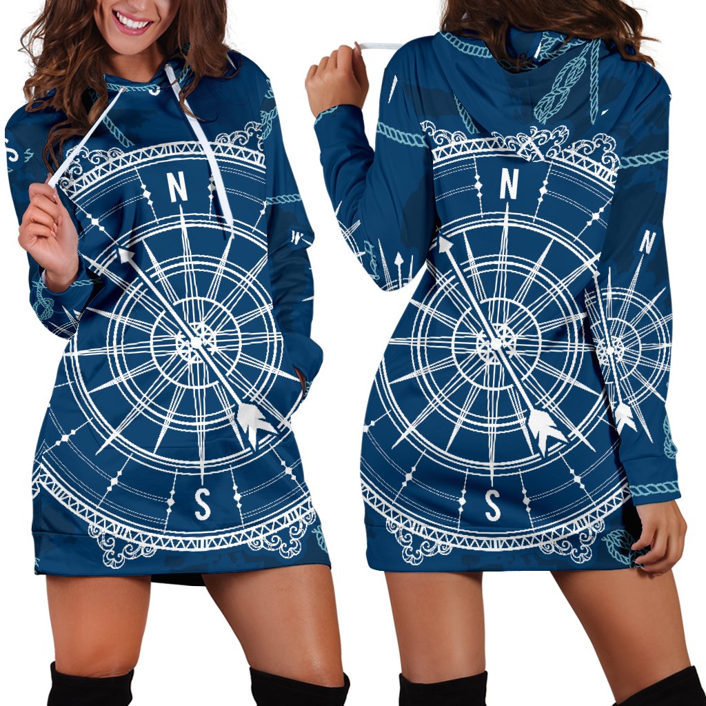 Nautical Compass Print Women Hoodie Dress