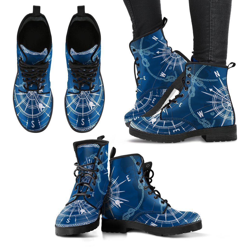 Nautical Compass Print Women Leather Boots