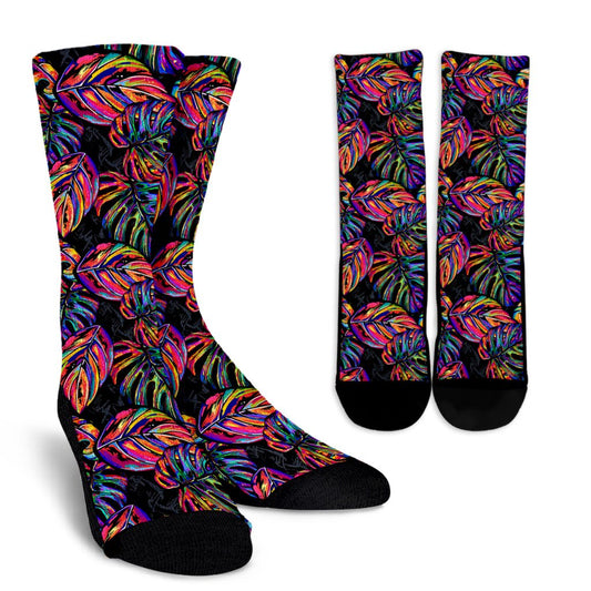 Neon Color Tropical Palm Leaves Crew Socks