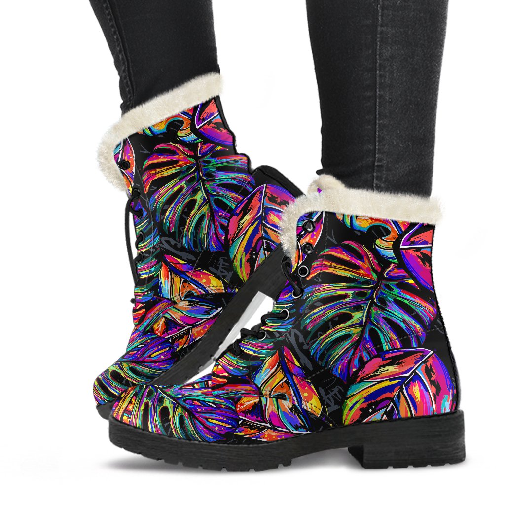 Neon Color Tropical Palm Leaves Faux Fur Leather Boots