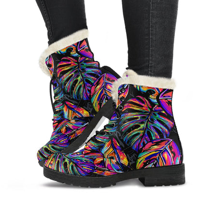 Neon Color Tropical Palm Leaves Faux Fur Leather Boots