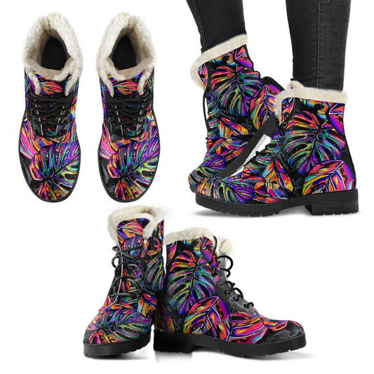 Neon Color Tropical Palm Leaves Faux Fur Leather Boots