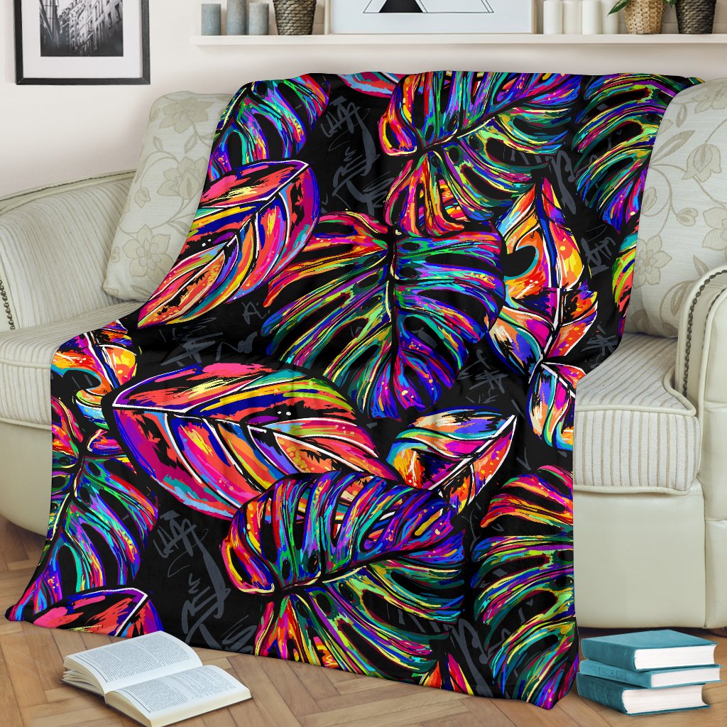 Neon Color Tropical Palm Leaves Fleece Blanket