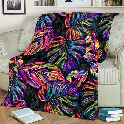 Neon Color Tropical Palm Leaves Fleece Blanket